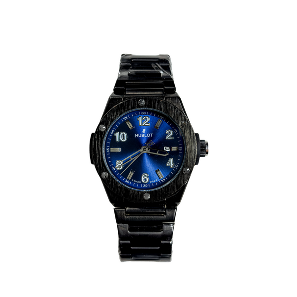 Men’s Black Stainless Steel Watch – Hublot-Inspired Design | Deep Blue Dial