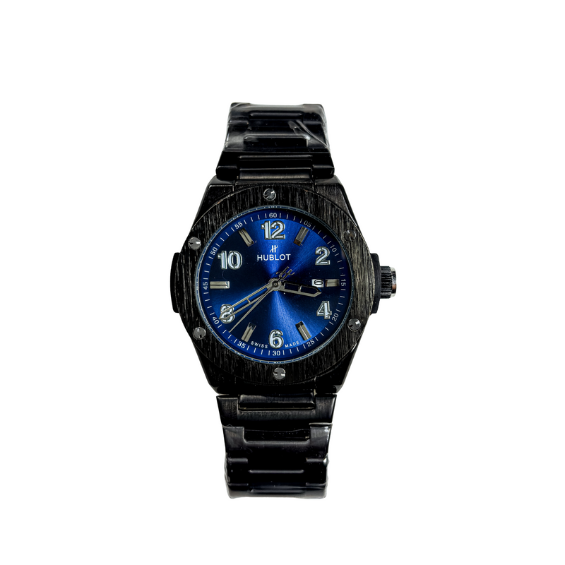 Men’s Black Stainless Steel Watch – Hublot-Inspired Design | Deep Blue Dial