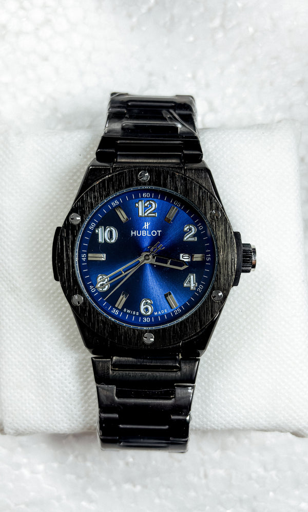 Men’s Black Stainless Steel Watch – Hublot-Inspired Design | Deep Blue Dial