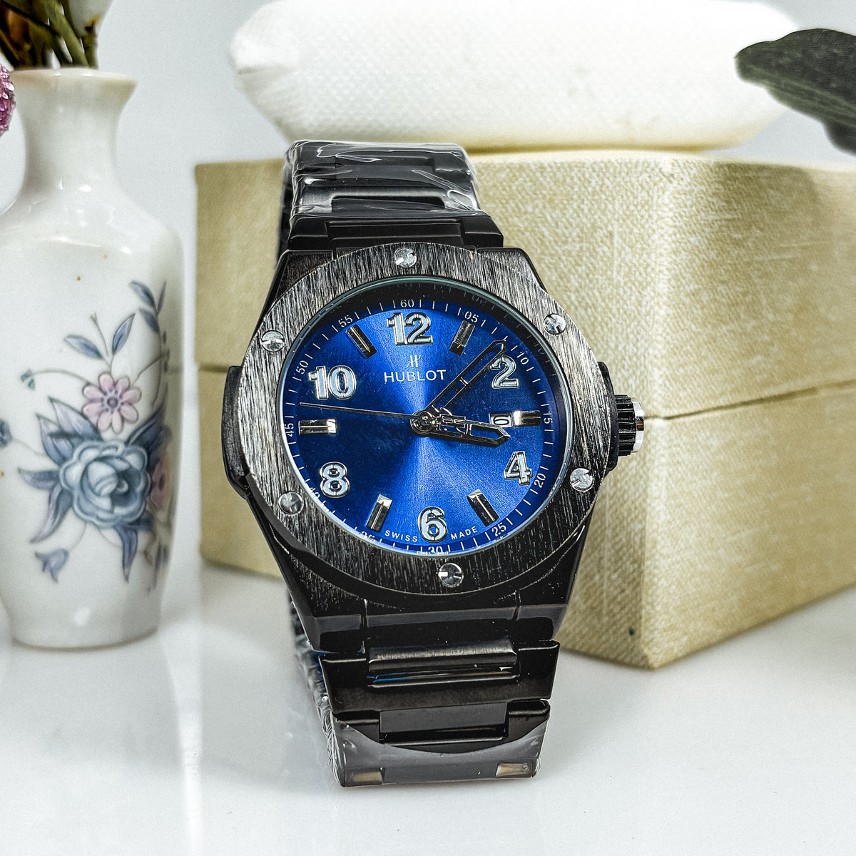 Men’s Black Stainless Steel Watch – Hublot-Inspired Design | Deep Blue Dial