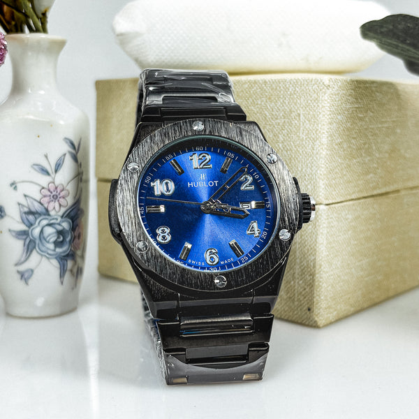 Men’s Black Stainless Steel Watch – Hublot-Inspired Design | Deep Blue Dial