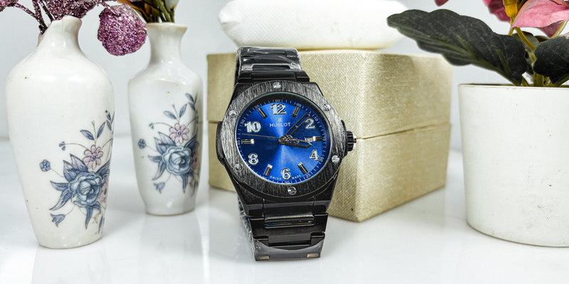 Men’s Black Stainless Steel Watch – Hublot-Inspired Design | Deep Blue Dial