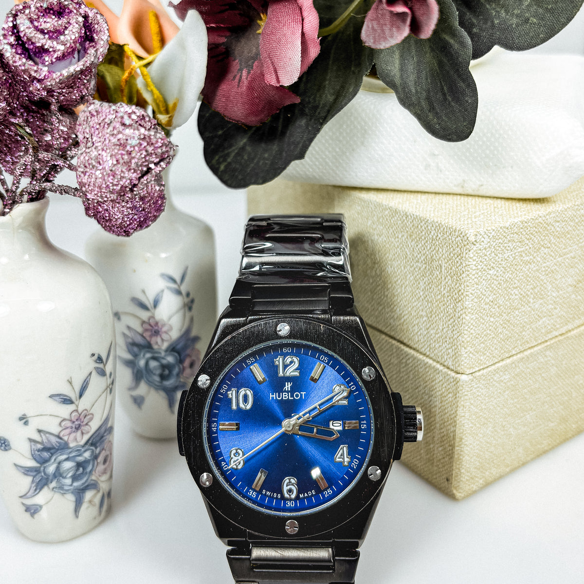 Men’s Black Stainless Steel Watch – Hublot-Inspired Design | Deep Blue Dial