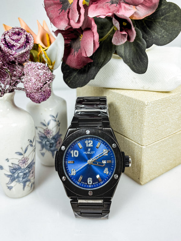 Men’s Black Stainless Steel Watch – Hublot-Inspired Design | Deep Blue Dial