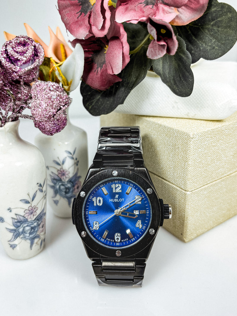 Men’s Black Stainless Steel Watch – Hublot-Inspired Design | Deep Blue Dial