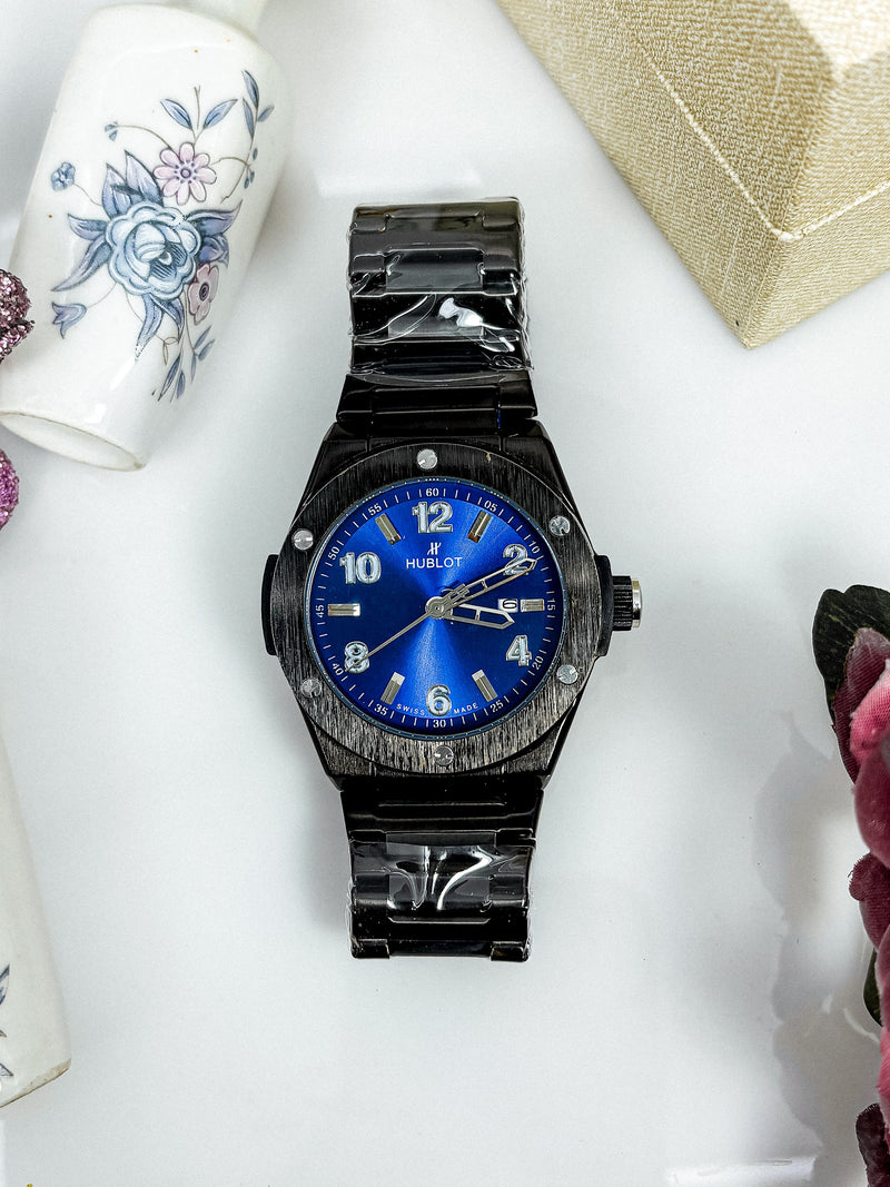 Men’s Black Stainless Steel Watch – Hublot-Inspired Design | Deep Blue Dial